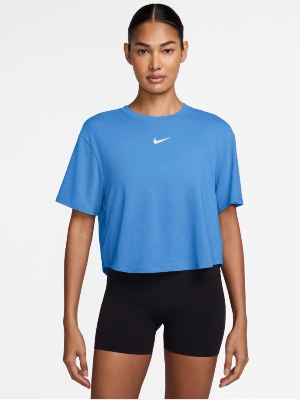 Nike Women’s Light Blue Cropped Swoosh Tee